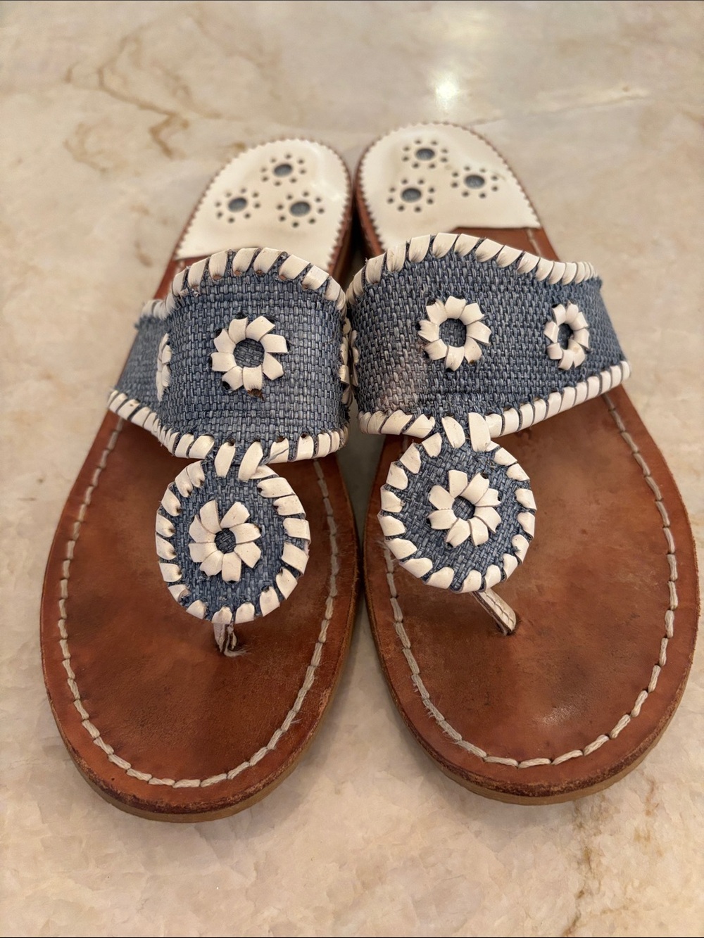 Jack Rogers Blue and White Woven Leather Thong Sandals